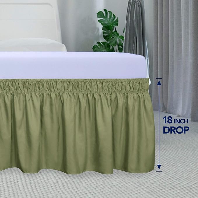 PureFit Wrap Around Ruffled Bed Skirt with Adjustable Elastic Belt - 18 Inch Drop Easy to Put On, Wrinkle Free Bedskirt Dust Ruffles, Bed Frame Cover for Queen, King and C-King Size Beds, Light Green