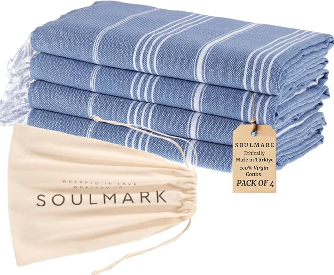 SOULMARK 100% Cotton Turkish Beach Towel with Bag - 38"x71" - 4 Pack - Made in Green & Oeko TEX Certified - Pre-Washed & Sand Free - Quick Dry and Lightweight for Travel - Made in Turkey - Light Blue