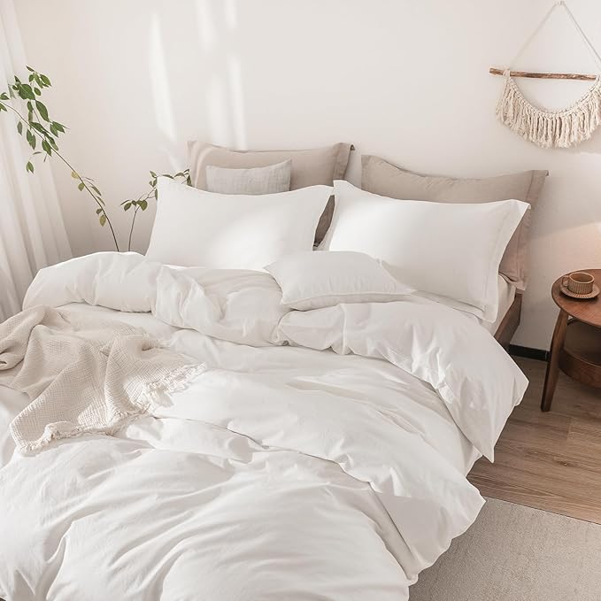 Off White Duvet Cover Super Queen Size 100% Washed Cotton Bedding Set Cover 1 Duvet Cover Zipper Closure and 2 Pillowcases, 98inchx90inch