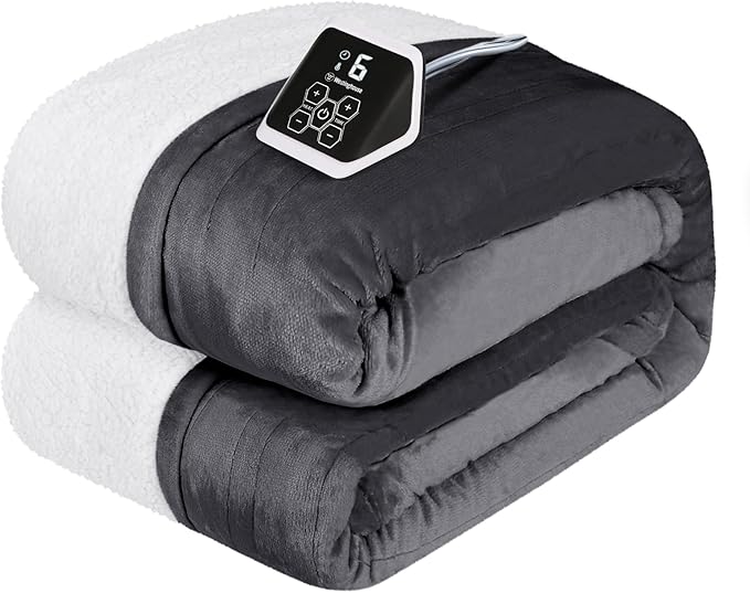 Westinghouse Heated Blanket Twin Size, Soft Flannel to Sherpa Electric Blanket with 10 Heating Levels, 12 Hours Auto Off, Fast Heating, Machine Washable, 62x84 Inch, Charcoal