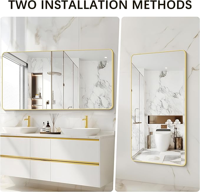 55"x36" Gold Bathroom Mirror, Large Rectangle Mirror, Rectangular Wall Mirror, Rounded Corner Vanity Mirror with Aluminum Metal Frame for Bathroom Bedroom Living Room Horizontal/Vertical