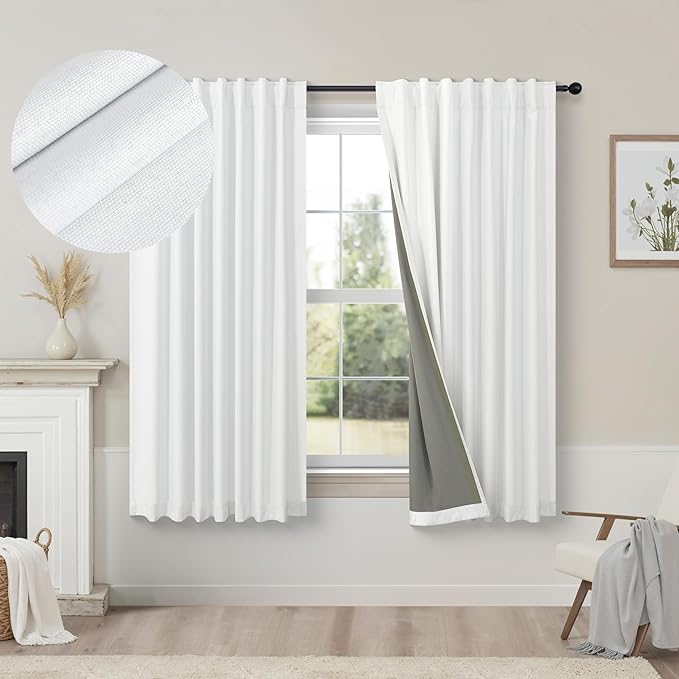 White Linen Complete Blackout Curtains 48 Inch Length for Kids Room 2 Panels Light Blocking Thermal Insulated Cold Reducing Noise Reduction Window Draperies for Bedroom Short Drapes 52 x 48 Long