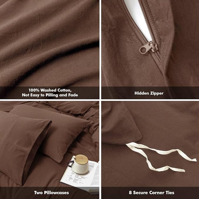 FOSSA Duvet Cover Set 100% Washed Cotton Linen Feel Super Soft Breathable Cozy 3 Pieces Bedding Sets Solid Cocoa Brown California King