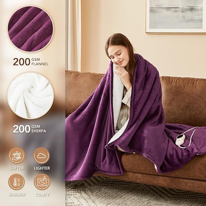 Homemate Electric Heated Blanket Queen Size - 84"x90" Heating Blanket Queen Size Dual Control 1/2/4/6/8 Hours Auto-Off 10 Heat Level Over-Heat Protection Flannel Sherpa ETL Certification