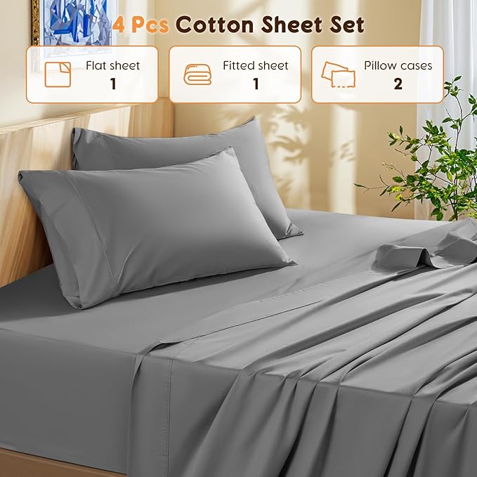 LBRO2M 100% Cotton Sheets Set Queen Size 600 Thread Count 4 Piece Sets Bed Sheet Deep Pocket Up to 16" Soft Comfortable All Season (Queen, Gray)