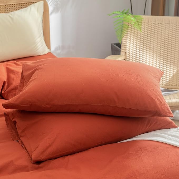 BESTOUCH Duvet Cover Set 100% Washed Cotton Linen Feel Super Soft Comfortable Chic Lightweight 2 PCs Home Bedding Set Solid Burnt Brick Red Twin/Twin XL