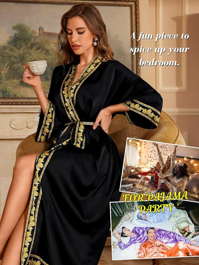 Satin Robe Sets For Women, 2-PC Lightweight Bathrobe, Silk Sleepwear Kimono Bridesmaid Sexy Robes