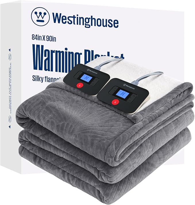 Westinghouse Electric Blanket Queen, Flower Jacquard Heated Blanket Queen Size with 10 Heating Levels and 1-12 Hours Auto-Off, Flannel to Sherpa Reversible, Machine Washable (84" x 90", Light Grey)