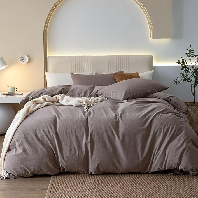 JIYUAN 100% Washed Cotton Duvet Cover Set 2 Pieces Twin, 1 Duvet Cover 68x90 Inches(Comforter Not Included) and 1 Pillowcases,Linen Feel Bedding Set Comfy and Breathable, Heathered Mauve Brown