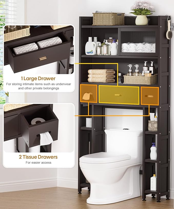 Over The Toilet Storage Cabinet with Acrylic Sliding Door Panel, Bamboo Organizer Shelf with 2 Paper Drawers and 1 Big Drawer,Space Saver Rack for Bathroom (Brown)