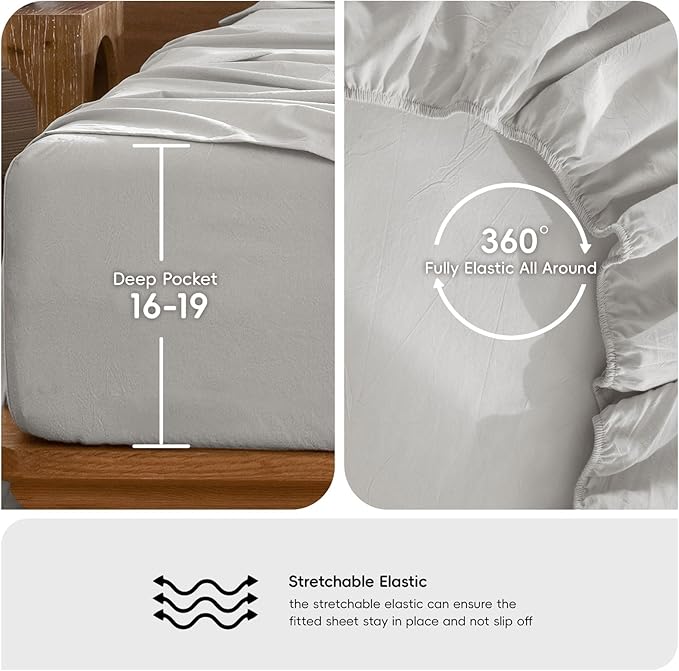 MooMee Bedding Sheet Set 100% Washed Cotton Linen Like Textured Breathable Durable Soft Comfy (Solid Light Blueish Grey, Queen)