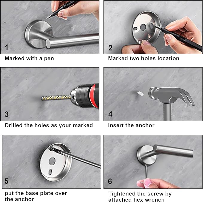 10Pcs Bath Tower Set, Includes 23.6 inch & 16 inch Towel Bars, Hooks, Rings & Toilet Paper Holder - Brushed Nickel