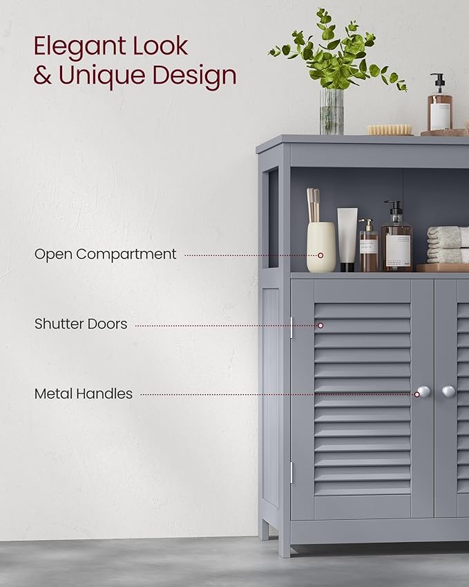 VASAGLE Floor Storage Cabinet, Freestanding Storage Unit with Double Shutter Doors and Adjustable Shelf, for Living Room, Bathroom, Entryway, Kitchen, Dove Gray UBBC040G02