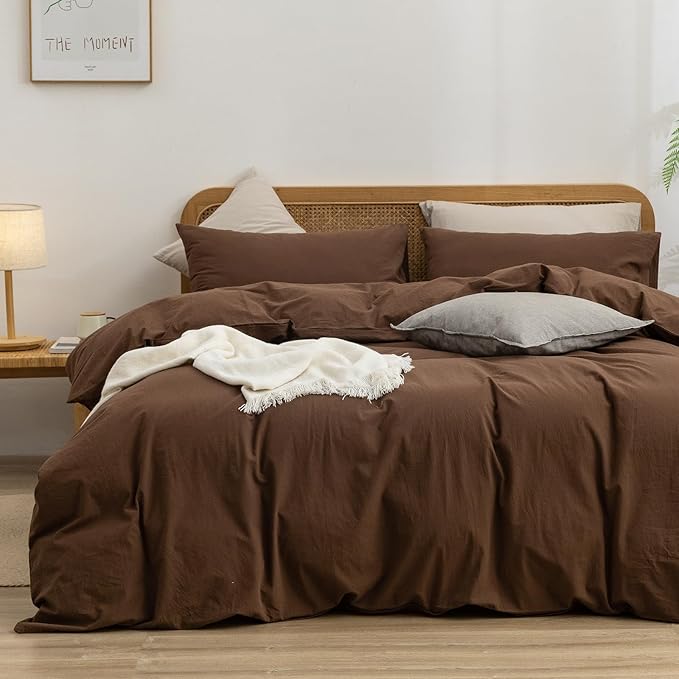BESTOUCH Duvet Cover Set 100% Washed Cotton Linen Feel Super Soft Comfortable Chic Lightweight 2 PCs Home Bedding Set Solid Cocoa Brown Twin/Twin XL
