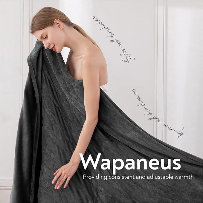 Wapaneus Foot Pocket Heated Blanket Electric Throw with 10 Heating Levels and Auto Shut Off, Flannel Fast-Heating Heated Throw 50" x 60", Machine Washable, Dark Grey