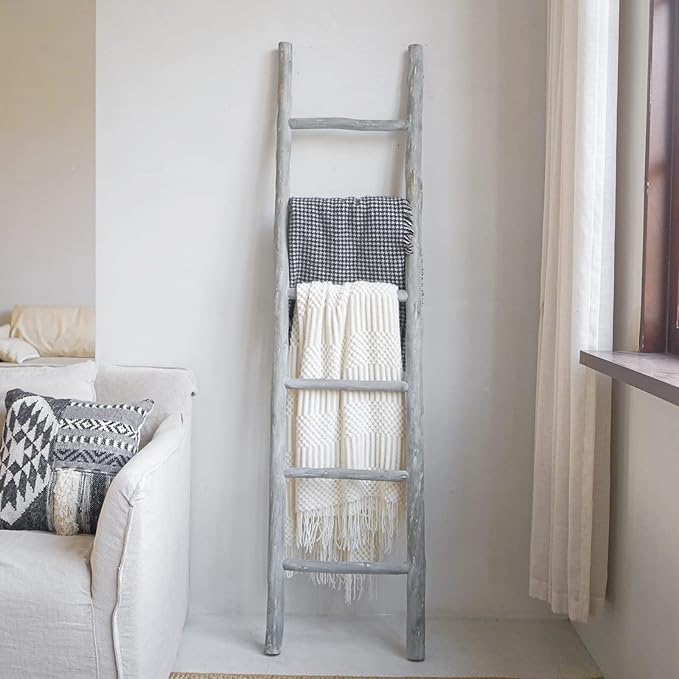 FUIN Fully Assembled 6ft Wood Blanket Ladder Living Room Decorative Wall Leaning Farmhouse Quilt Display Holder Rustic Wooden Towel Rack for Bathroom, Light Gray & Whitewashed