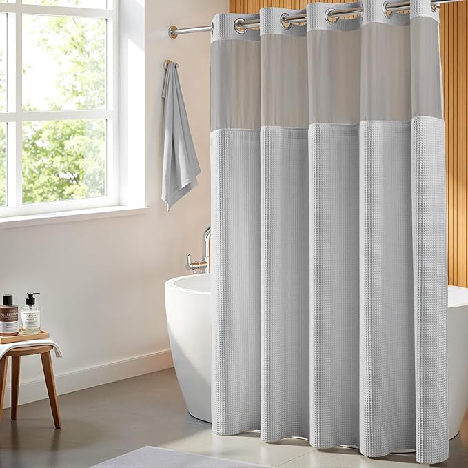 River Dream Gray Fabric Shower Curtain Set, Cotton Blend, Waffle Weave, with Snap in Replacement Liner，71 x 74 inches