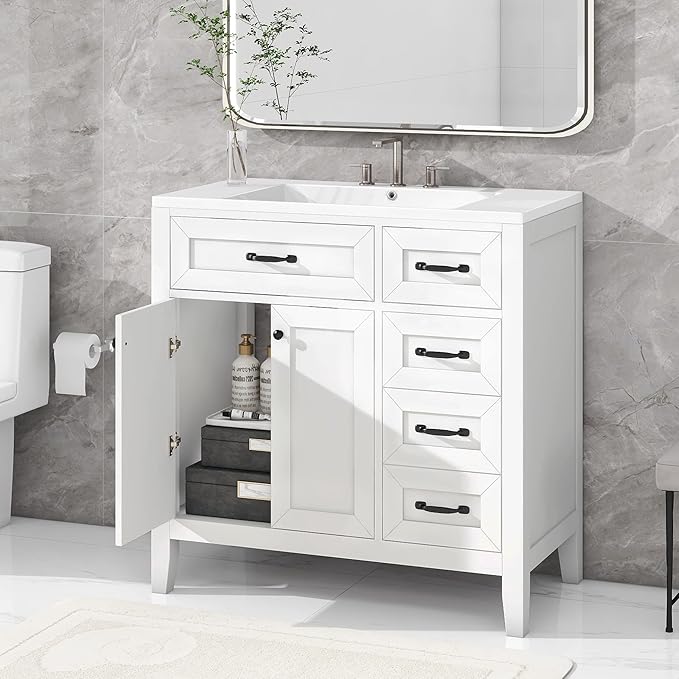 Favfurish 36" Bathroom Vanity with Sink Combo,Bathroom Vanity Cabinet with Two Soft-Closing Doors and Four Drawers,Free Stading Vanities w/Modern Design,for Bathroom,Easy Assembly,White