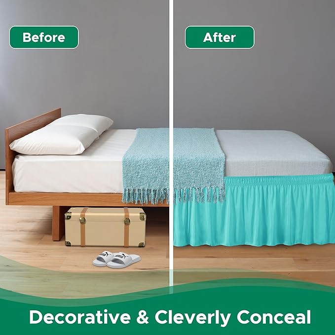 Biscaynebay Wrap Around Bed Skirts for King & Cal King Beds 14" Drop, Aqua Adjustable Elastic Dust Ruffles Easy Fit Wrinkle Resistant Silky Luxurious Fabric Machine Washable