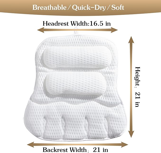 Luxury Bath Pillow for Tub, Dual Headrest & Back Support, 4D Air Mesh Quick-Dry Cushion, 10 Strong Suction Cups, Extra-Large Spa Bathtub Pillow Gift for Women(White)
