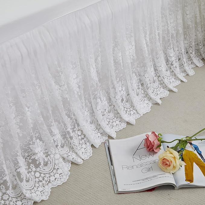 Brandream Lace Bed Skirt Queen Size White 18 Inch Drop Romantic Dust Ruffle Split Corners Bed Sheets Cover Excellent Quality
