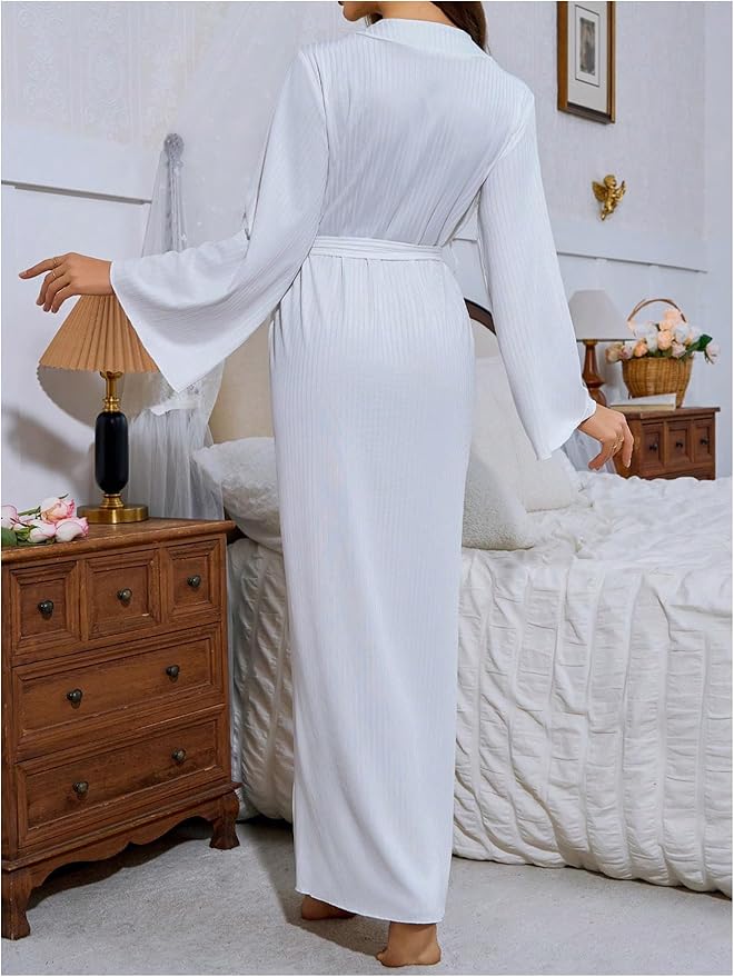 OYOANGLE Womens Long Robes Kimono Elegant Lightweight Knit V Neck Bathrobe Soft Sleepwear Casual Bath Robe
