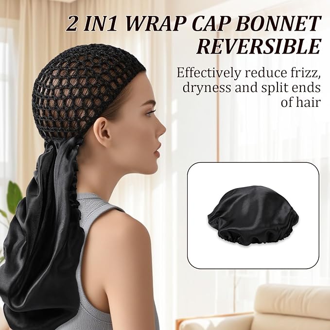 2 In1 Wrap Cap Bonnet Reversible Adjustable Tie Band, Silk Bonnet Hair Wrap Cap for Silk Press, New Satinbonnet for Sleeping, Double Layered Nettie Band for Curly (Black)