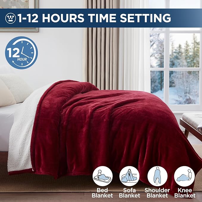 Westinghouse Electric Blanket King, Heated Blanket King Size with 10 Heating Levels and 1 to 12 Hours Heating Time Settings, Flannel to Sherpa Reversible, Machine Washable (90" x 100", Red)