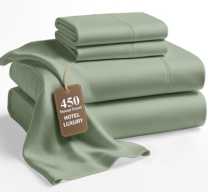 LANE LINEN Full Size Sheet Set - 100% Cotton Bed Sheets, 450 Thread Count Soft Satin Sheets, Breathable Bedding Sheets & Pillowcases, 4PC Full Bed Sheets Set, Deep Pocket Sheets - Iceberg Green