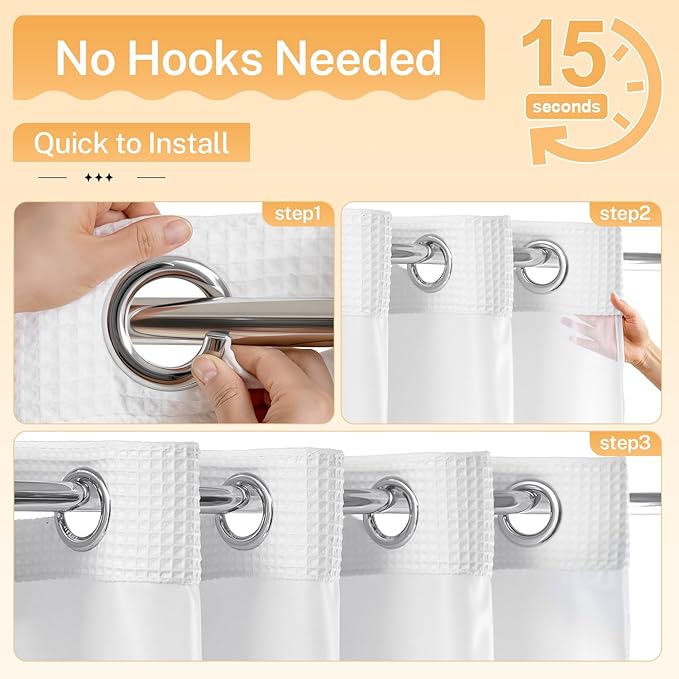 River Dream White Fabric Shower Curtain Set, Cotton Blend, Waffle Weave, with Snap in Replacement Liner，54 x 80 inches