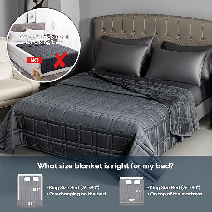 King Size Weighted Blanket 40lb(88''x104'' , Dual-Sided), Reversible Cozy Warm Velvet & Cooling Tencel Fabric King Weighted Blanket for Adults & Couples All Season Use - Carry Bag Included, Dark Grey