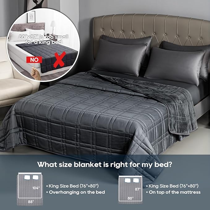 Weighted Blanket King Size 30lbs (88''x104'', Dual-Sided), Reversible Cozy Warm Velvet & Cooling Tencel King Weighted Blanket for Adults and Couples All Season Use - Carry Bag Included, Dark Grey