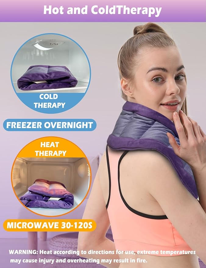 Long Heating Pad for Neck and Shoulders and Back Weighted Microwavable Moist Heated Neck Wrap Hot Pack Microwave Heatable Bag Warm Compress Reusable with Handles 33.5"*5.9" Unscented Purple