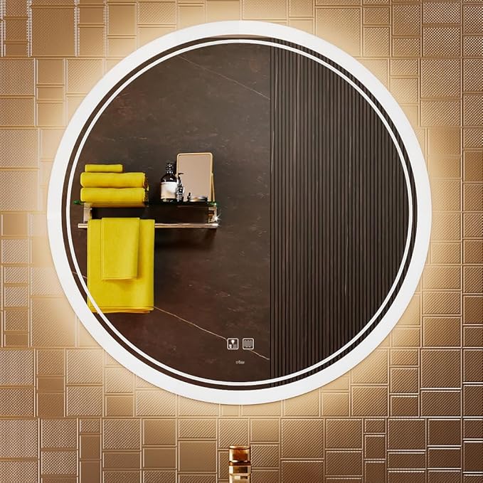 KWW Round Mirror Bathroom LED Lighted Mirror, Illuminated Dimmable Anti-Fog Wall-Mounted Makeup Vanity Mirror with Lights (27.5" L x 27.5" W)