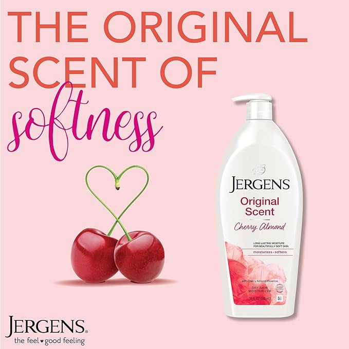 Jergens Original Scent Dry Skin Body Lotion, Hand and Body Moisturizer, Cherry Almond Essence, Dermatologist Tested, 32 Oz