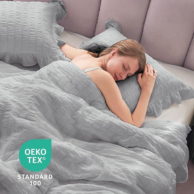 JOLLYVOGUE Light Grey King Comforter Set, 3 Pieces Seersucker Comforters King Size, Lightweight & Fluffy Bedding Sets King for All Season with 1 Ruffle Comforter and 2 Ruffle Pillowshams