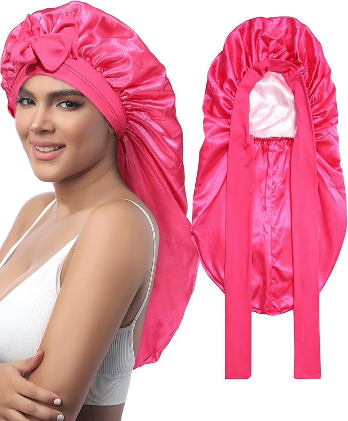 AWAYTR Long Satin Bonnet for Sleeping - Double Layer Reversible Silk Bonnet for Long Hair Women Sleeping Cap with Tie Band