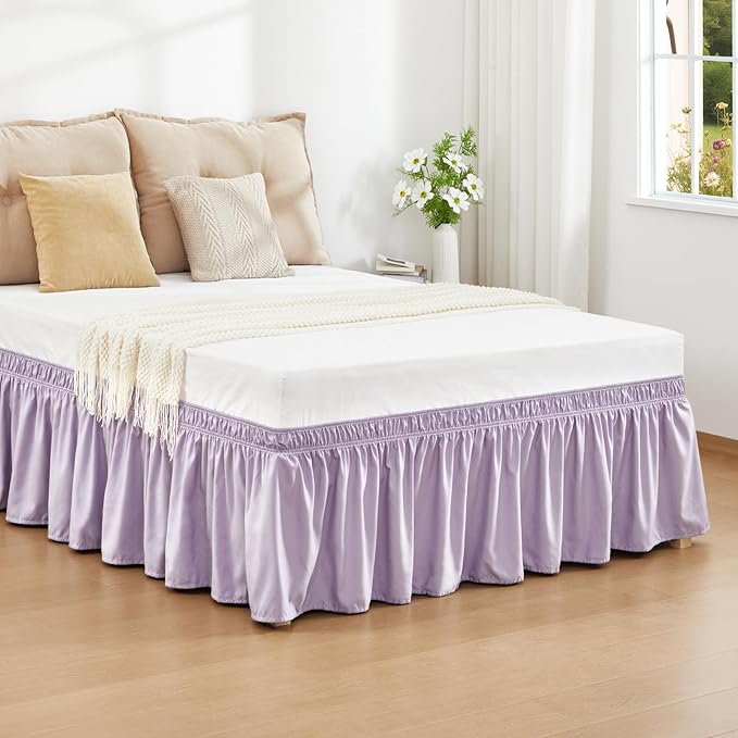 RIMELA Lavender Purple Bed Skirt King Size 15 Inch Drop, Wrap Around Elastic Bedskirt, Dust Ruffle for Adjustable Bed Base Machine Washable Easy to Install Bed Skirts