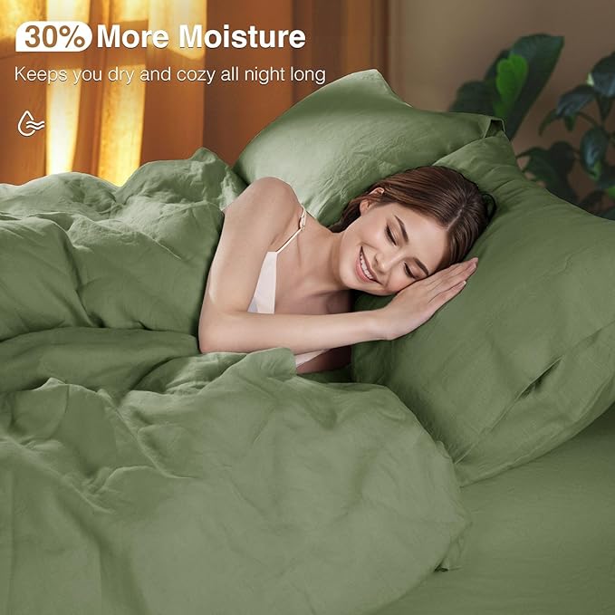SONORO KATE 100% French Linen Duvet Cover King Size, Soft Breathable for Hot Sleepers, Moisture Wicking & Durable Cover Set - Zipper Closure & 4 Corner Ties Duvet Covers 3 Piece (Olive Green,King)