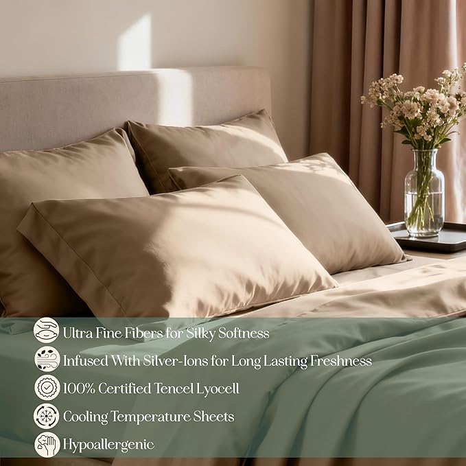 CASILVA Eucalyptus Sheets - Infused with Silver for Anti-Odor, Softer Than Silk Fibers, More Cooling Than Cotton - Perfect for Hot Sleepers & Sensitive Skin - 100% Tencel Lyocell - Queen Sheet Set