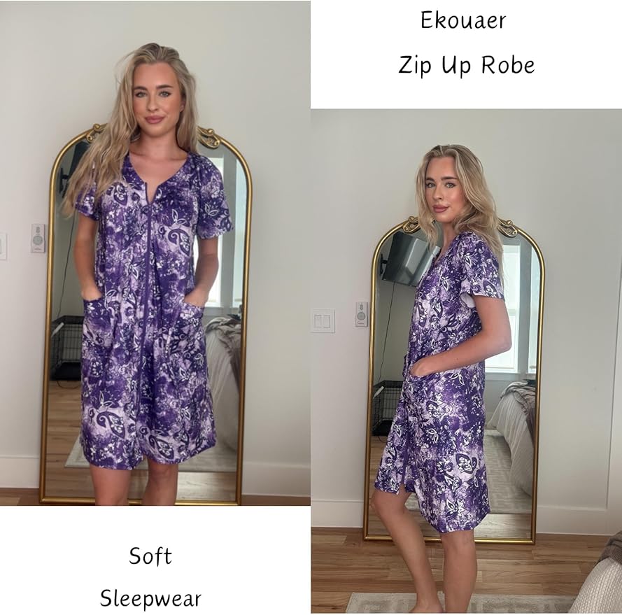 Ekouaer Women Robe Zipper Front Mumu Duster Robes Zip Up Housecoat Soft Sleepwear with Pockets S-3XL