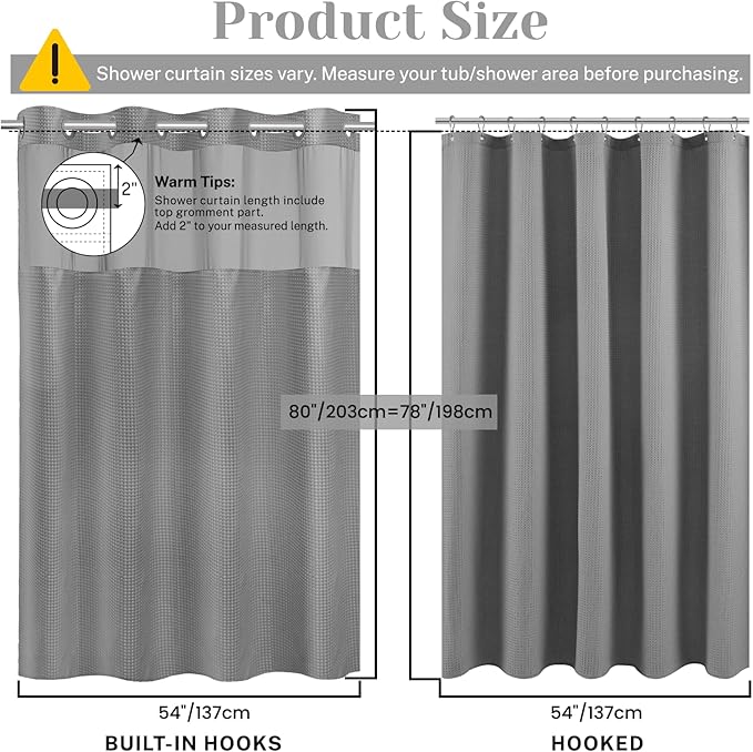 No Hook Shower Curtain with Snap in Liner Set Waffle Shower Curtain for Bathroom Hotel Style Fabric Waterproof Inner Liner，54" W x 80" H, Grey
