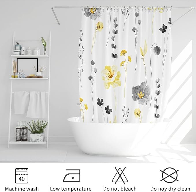 Gibelle Yellow and Grey Floral Shower Curtain, Watercolor Flower Shower Curtain for Bathroom, Modern Minimalist White Waterproof Fabric Shower Curtain Set with Hooks 72x72 Inch