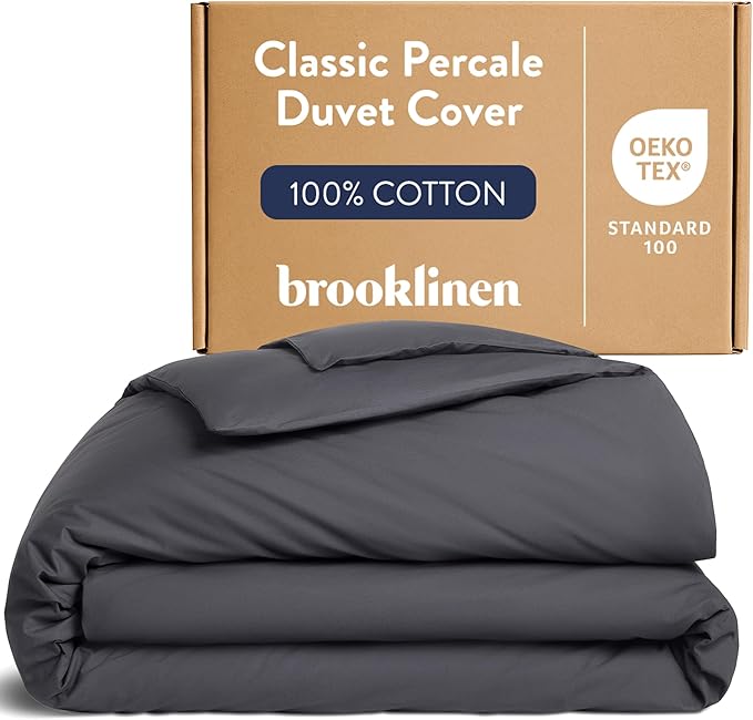 Brooklinen Luxury Percale Duvet Cover – 100% Cotton, Cool, Crisp, Extra-Long Corner Ties, Button Closure, Soft & Breathable – Machine Washable, Duvet Cover Full/Queen Bed Sizes (Slate)
