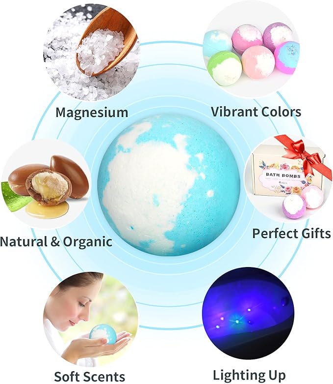 Light Up Bath Bombs with Surprise Inside, 4.23 oz XL Natural Gift Set 6 with Essential Oils, Magnesium Large Bath Bombs for Women Relaxing Spa Skin Moisturize Gifts for Women