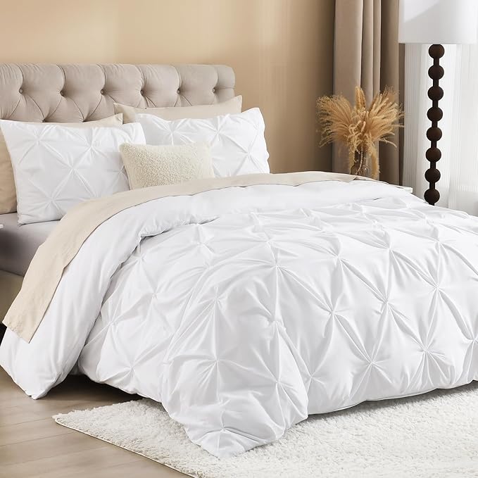 Litanika White Queen Pinch Pleat Duvet Cover, 3 Pieces Pintuck Cover Soft Microfiber Bedding Set with Zipper Closure & Corner Ties(90x90Inch-1 Duvet Cover, 2 Pillowcases)