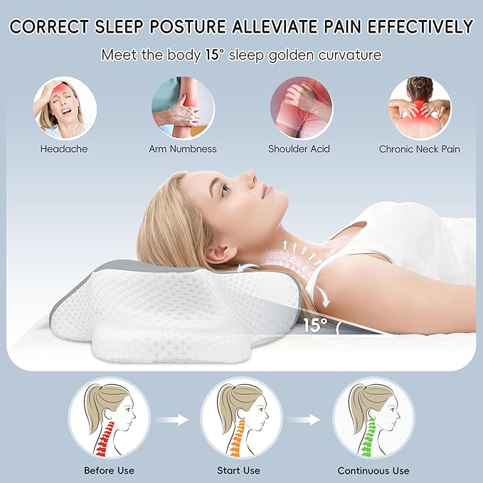 Cervical Neck Pillow for Pain Relief, Ergonomic Contour Pillow for Sleeping, 2 Heights Cooling Pillow for Neck and Shoulder Support, Memory Foam Orthopedic Pillow for Side Back Stomach Sleepers Grey