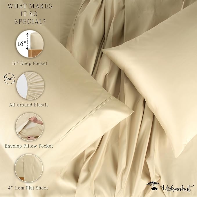URBANHUT 1000 Thread Count Full Size Egyptian Cotton Sheets, Long Staple Soft & Breathable, 4 Pc Bed Sheet Sets, Luxury Hotel Sateen Sheets Fits 16" Deep Pocket - Sand