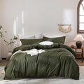 Olive Green Duvet Cover Queen Size, 100% Washed Cotton Bedding Set Cover 1 Duvet Cover 90inch x 90inch with Zipper Closure and 2 Pillowcases, Olive Green