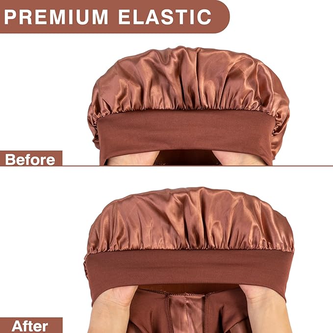 3Pcs Bonnets for Black Women, Large Long Satin Bonnet for Braids With Stretchy Tie Band, Sleep Cap for Long Curly Hair (Brown, Rose Pink, Pink)